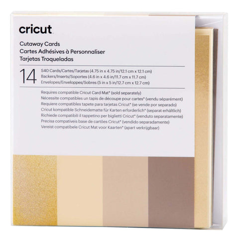 Crealive Cricut Cutaway Karten S40 - 14 Stück - Neutrals  Inhalt:  14 Karten im Format 4.75" x 4.75" (12.1 cm x 12.1 cm) (zusammengeklappt) - Kartenfarben: 5 x Grau, 5 x Khaki, 4 x Creme 14 Einlagen im Format 4.6" x 4.6" (11.7 cm x 11.7 cm) - Einlagefarbe: Gold holografisch 14 Umschläge in 5" x 5" (12.7 cm x 12.7 cm) - Farbe: Weiss    Cricut Cut-Away Karten sind geeignet für:  Karten Einladungen