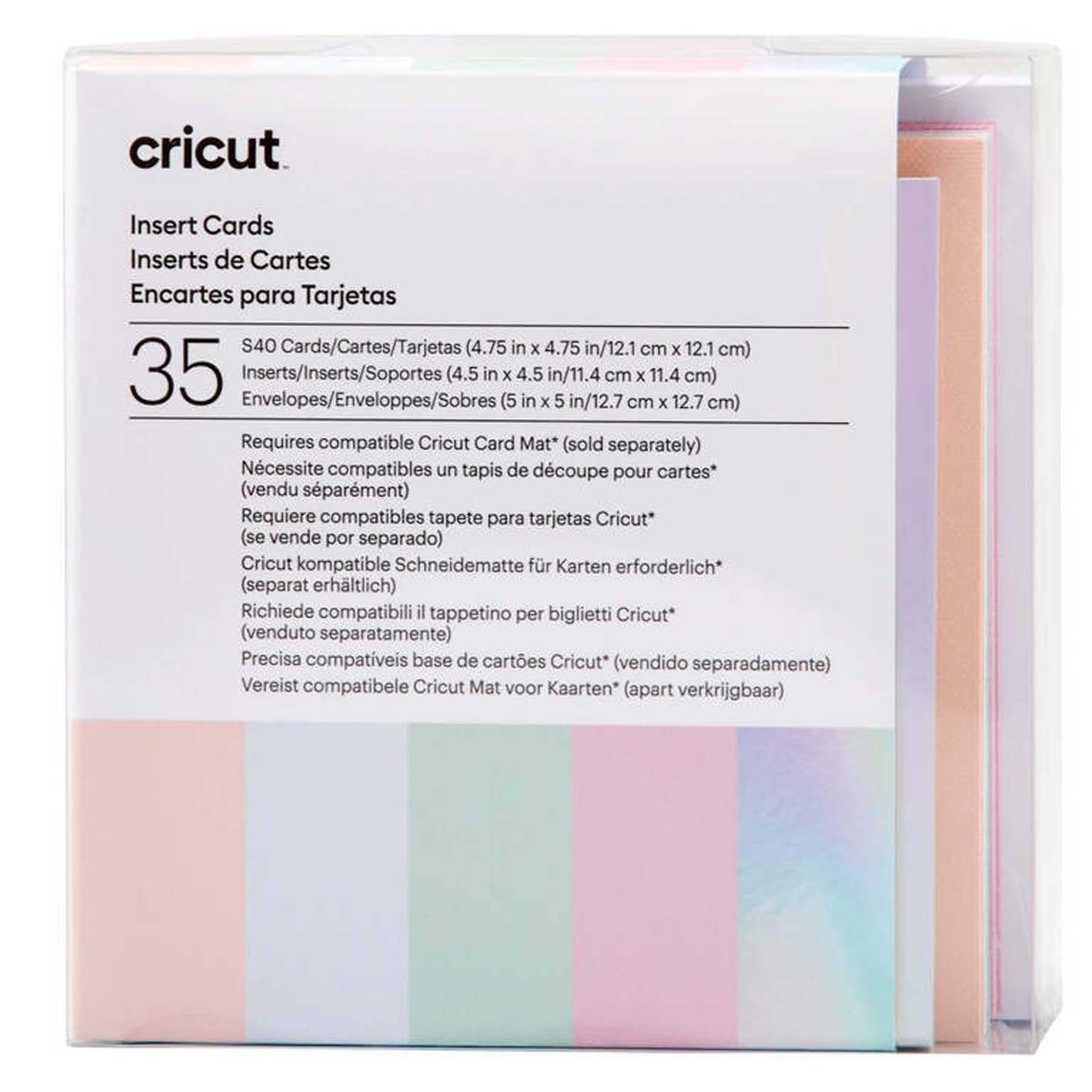 Crealive Cricut Einlegekarten S40 - 35 Stück - Princess  Inhalt:  35 Karten im Format 4.75" x 4.75" (12.1 cm x 12.1 cm) (zusammengeklappt) - Kartenfarben: 9 x Tulpe, 9 x Puderblau, 9 x Whispering Blue und 8 x Lavendel 35 Einlagen im Format 4.5" x 4.5" (11.4 cm x 11.4 cm) - Einlagefarben: 35 x Silber holografisch 35 Umschläge in 5" x 5" (12.7 cm x 12.7 cm) - Farbe: Weiss    Cricut Einlegekarten sind geeignet für:  Karten Einladungen