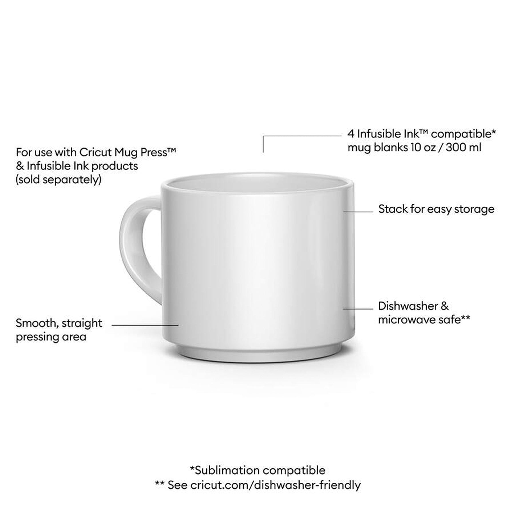 Crealive Cricut Keramiktasse stapelbar 295 ml - Weiss - 4 Stück  Inhalt:  4 stapelbare Cricut Keramiktassenrohlinge    Spezifikationen:  4 Keramiktassen Inhalt: 295 ml (10 OZ) Farbe: weiss sublimationskompatibel glatte, gerade Wände für einwandfreie Übertragungen spülmaschinen- und mikrowellengeeignet zur Verwendung mit Cricut Mug Press und Infusible Ink Produkten (separat erhältlich)