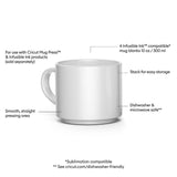 Crealive Cricut Keramiktasse stapelbar 295 ml - Weiss - 4 Stück  Inhalt:  4 stapelbare Cricut Keramiktassenrohlinge    Spezifikationen:  4 Keramiktassen Inhalt: 295 ml (10 OZ) Farbe: weiss sublimationskompatibel glatte, gerade Wände für einwandfreie Übertragungen spülmaschinen- und mikrowellengeeignet zur Verwendung mit Cricut Mug Press und Infusible Ink Produkten (separat erhältlich)