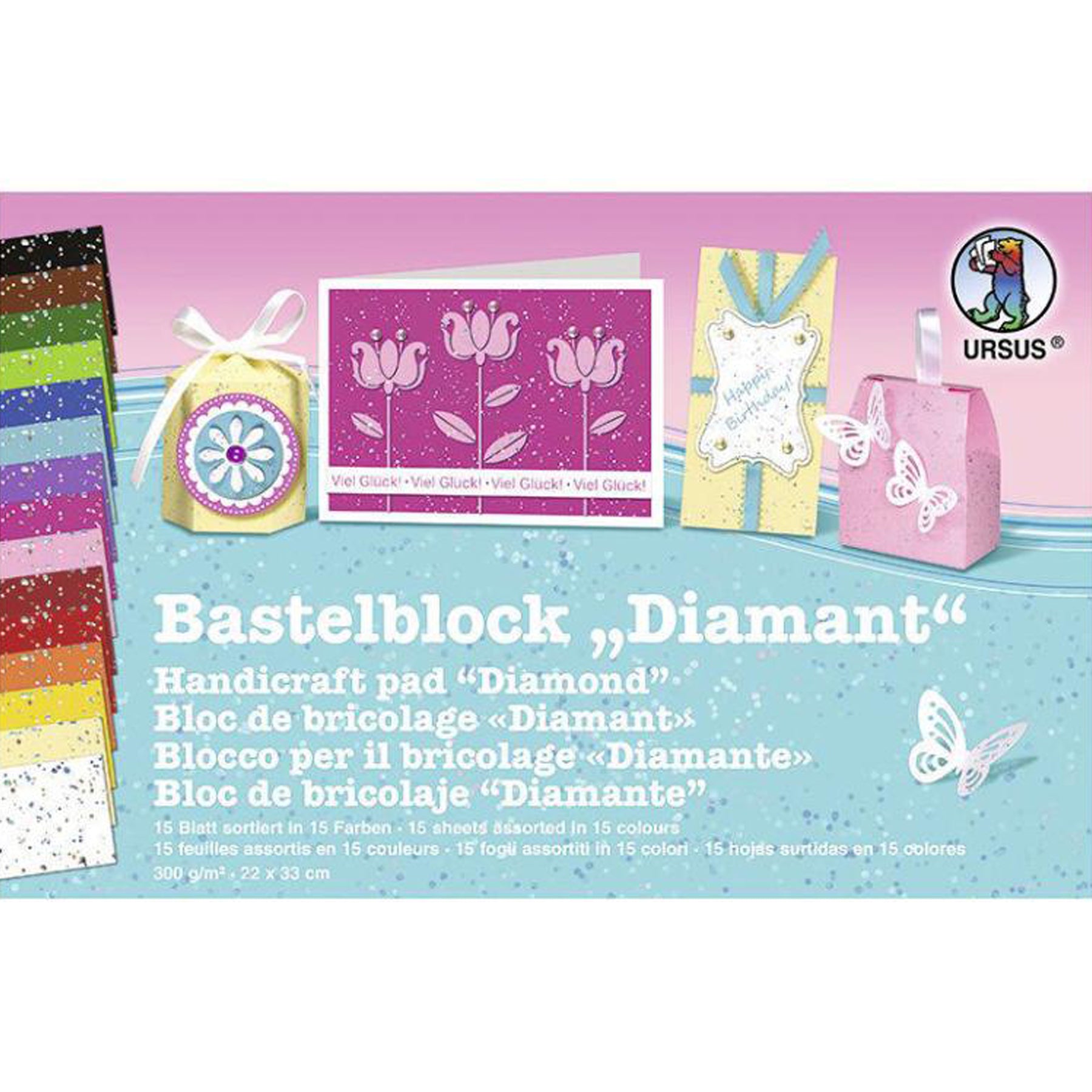 Crealive Designpapier Diamant 300 g/m2 - 23 x 33 cm  Inhalt:  15 Bogen    Spezifikationen:  23 x 33 cm 300 g/m2 glatte Oberfläche beidseitig bedruckt    Designpapier/Paper Pad ist geeignet für:  Karten Karten-Verzierungen Schachteln Plotten Scrapbooking