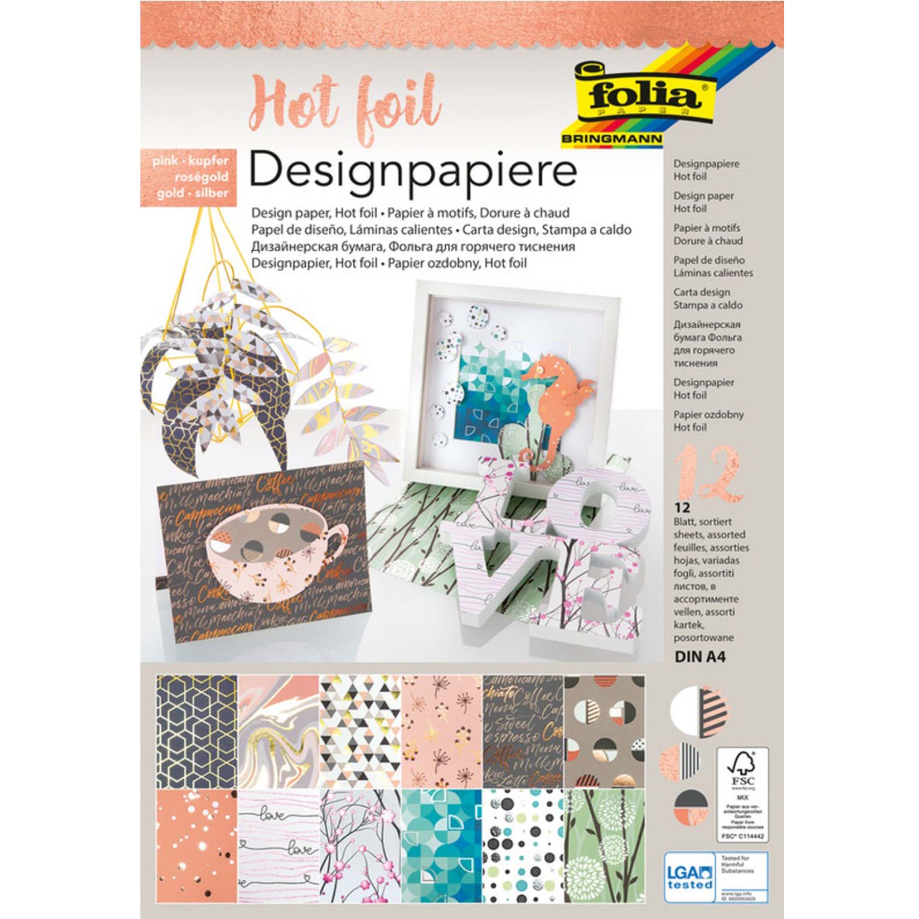 Crealive Designpapier Hot foil 165 g/m2 - A4 - Pink, Kupfer, Roségold, Gold & Silber  Inhalt:  12 Bogen 12 Designs    Spezifikationen:  A4 (21.0 cm x 29.7 cm) 165 g/m2 12 Blatt Folien-Farben: Pink, Kupfer, Roségold, Gold & Silber Rückseite weiss säure- und ligninfrei   Dieses Designpapier / Motivpapier ist geeignet für:  Karten Karten-Verzierungen Plotten Stanzen Prägen Scrapbooking