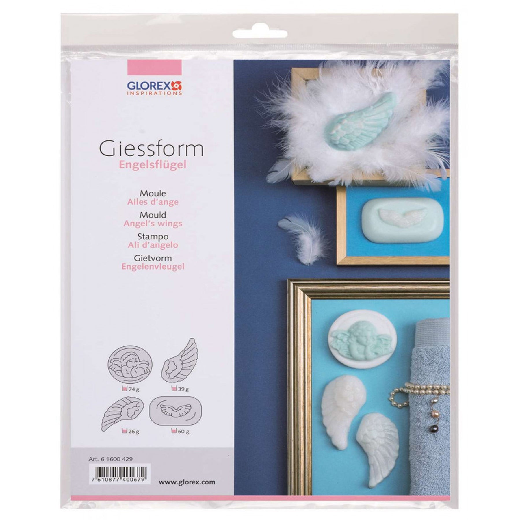 Crealive Giessform - Engelsflügel     Inhalt:  1 Giessform mit 4 Engelmotiven    Spezifikationen:  Material: aus 100% recyclebarem PET Höhe: 8 - 16 cm formstabil frost- und hitzebeständig (-15° bis +80°) wieder verwendbar kann auch für Kreativ-Beton, Seife, Wachs oder Schokolade verwendet werden