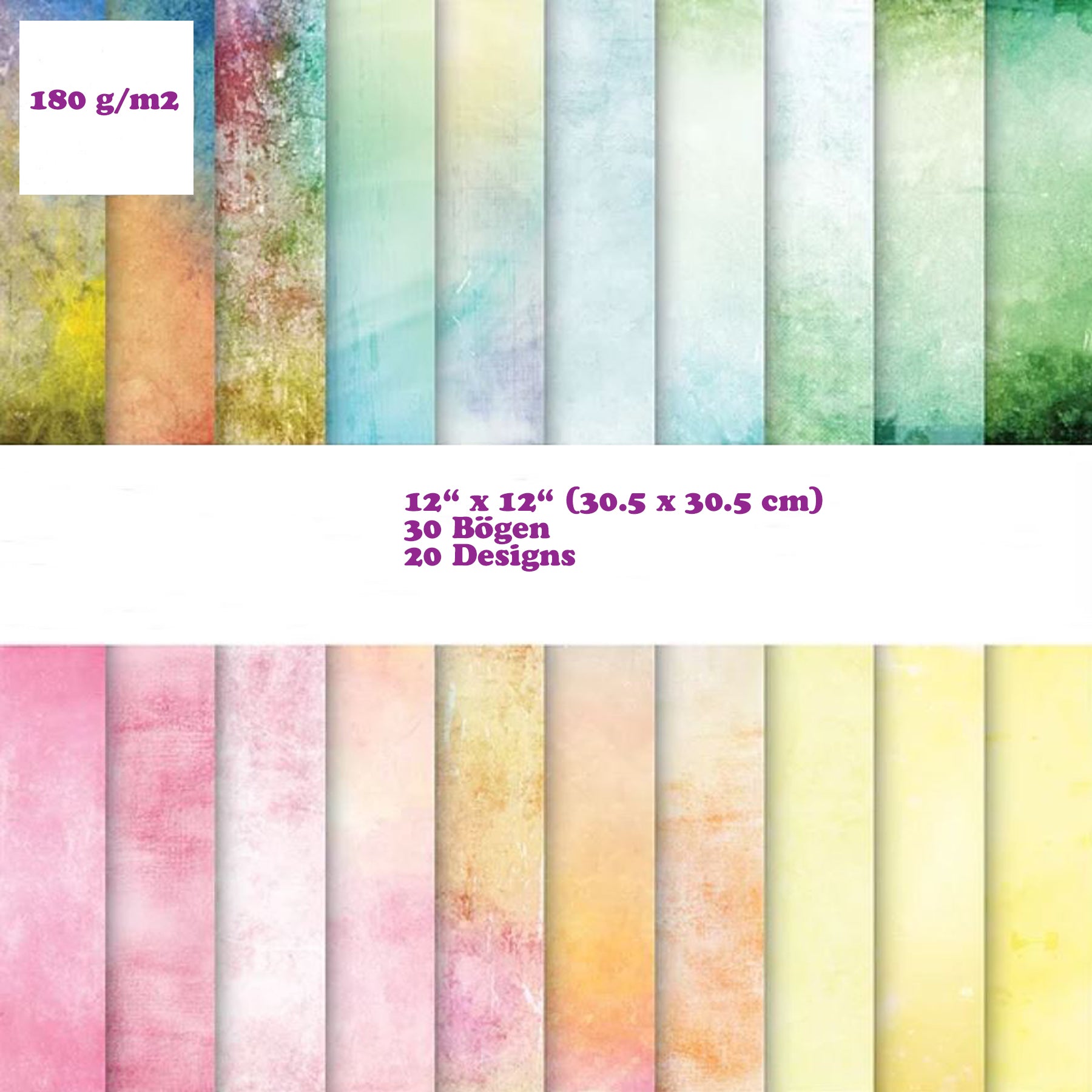 Crealive Premium Paper Pad 180 g/m2 - 12’’ x 12’’ - Grunge Light Tones  Spezifikationen:  12’’ x 12’’ (30.5 cm x 30.5 cm) 180 g/m2 beidseitig bedruckt säure- und ligninfrei 20 Designs    Inhalt:  30 Bogen 20 Designs beidseitig bedruckt    Dieses Paper Pad / Designpapier ist geeignet für:  Karten Karten-Verzierungen Kuverts Geschenkboxen & Verpackungen Plotten Scrapbooking
