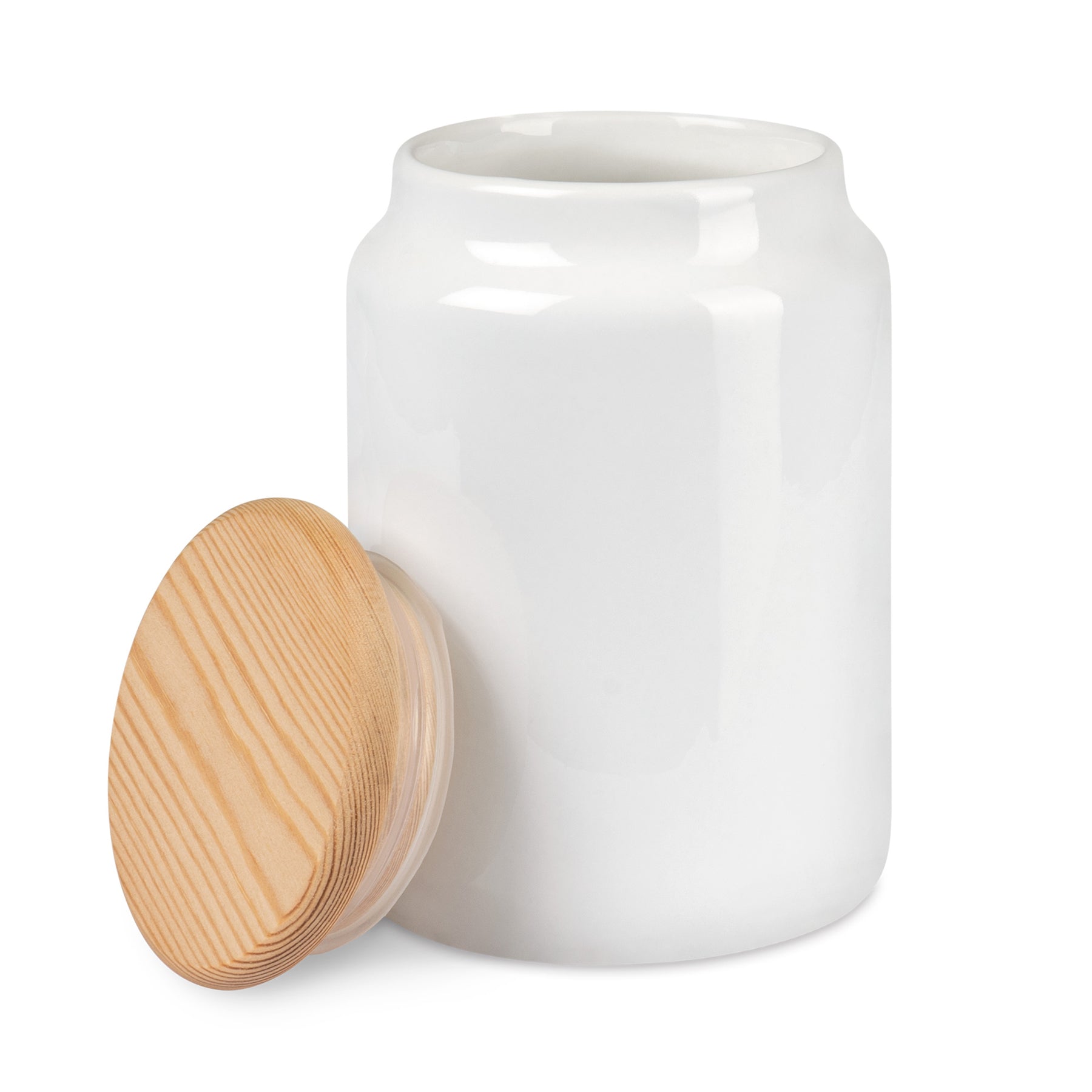Crealive Keramikdose Weiss mit Holzdeckel / Keksdose  Das perfekte Geschenk für alle Naschkatzen oder auch Tierfreunde. Diese hochwertige Keramik Keksdose mit einer glänzenden Oberfläche kann mit Sublimation individuell bedruckt werden. Der Echtholzdeckel verschliesst luftdicht und hat eine angenehme Haptik. Ideal geeignet als Vorratsgefäss für Mehl und Zucker oder als persönlicher Aufbewahrungsort für Guetzli oder Belohnungs-Leckerlis für dein Haustier.     Inhalt:  1 Keramikdose in Weiss mit Holzdeckel