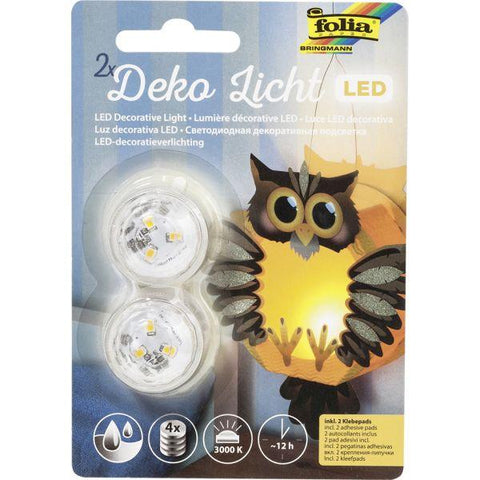 Crealive 2er Set LED Dekolicht  Diese 2 LED Dekolichter lassen sich schön in Dekorationen integrieren und kannst Du vielfältig einsetzen. Sie werden via einem Schraubmechanismus an- bzw. abgeschaltet. Sie sind wasserdicht und leuchten mit warm-weissem Licht für ca. 12 Stunden.  Es sind 4 Batterien im Lieferumfang enthalten wie auch 2 Klebepads.