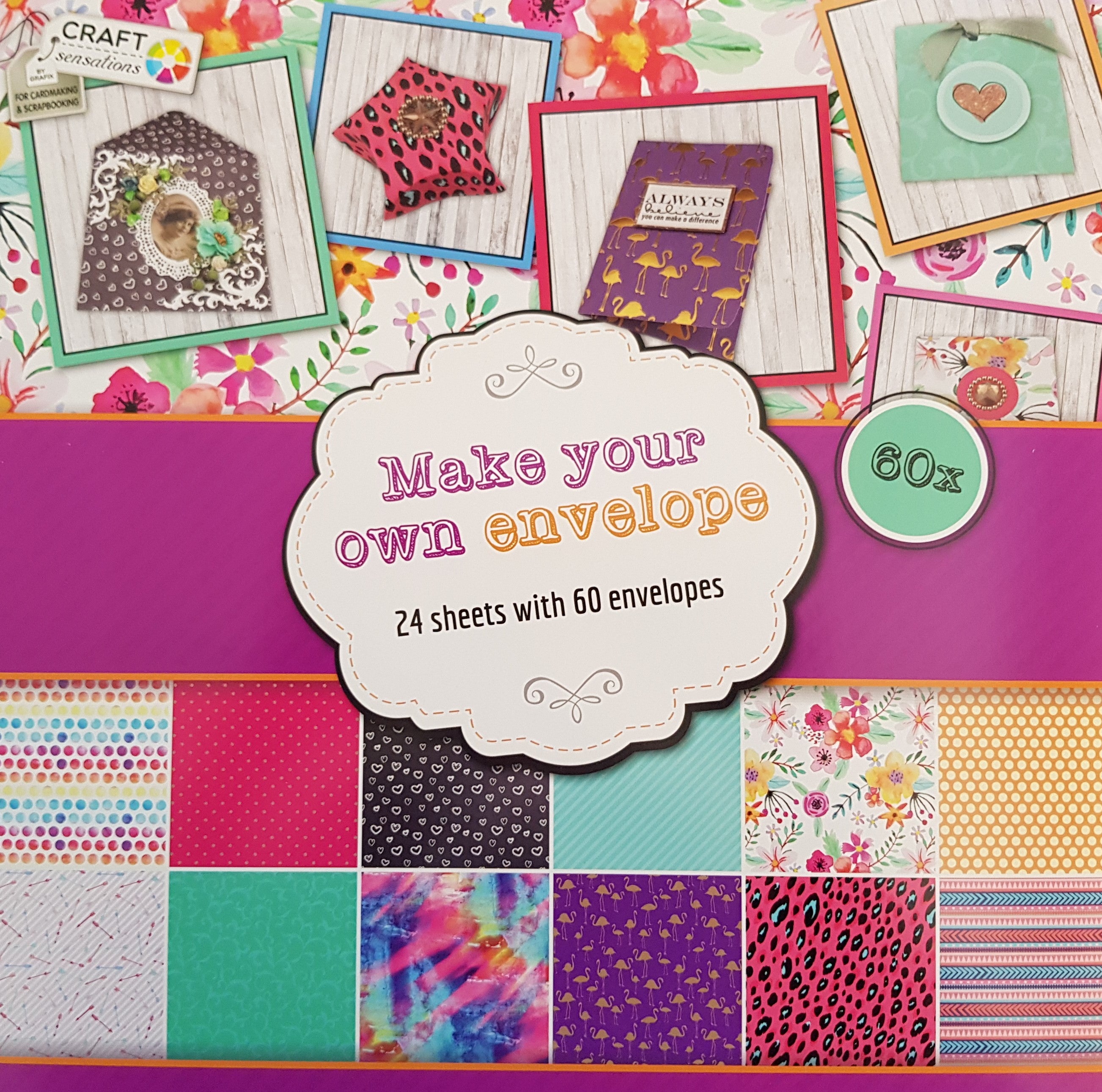 60 Design Kuverts  Spezifikationen:  12’’ x 12’’ (30.5 cm x 30.5 cm) beidseitig bedruckt Design Kuverts bereits vor gestanzt    Inhalt:  24 Bogen 60 Kuverts beidseitig bedruckt    Dieses Paper Pad ist bereits vor gestanzt auf 24 tollen Designpapieren und so können auf die schnelle 60 kleine Design Kuverts gebastelt werden.  Die beidseitig bedruckten Papiere ergeben schöne kleine Kuverts, sie müssen nur noch herausgetrennt und zusammen gefaltet & geklebt werden.