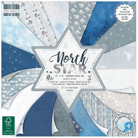 Paper Pad 200 g/m2 - 12’’ x 12’’ - North Star  Wenn Du möchtest, dass Dein Weihnachtswerk wirklich hell erstrahlt, dann ist dieser Weihnachtsblock ein Muss. Die besondere Palette aus frostigem blau, grau, silber und weiss, schafft eine einzigartige moderne Auswahl an Papieren. Muster dabei sind unter anderem: gefrostete Birken, flauschige Pinguinküken, Vintage-Karten, Eisbären und Schneeflocken. Abstrakte Designs aus Bokeh, Aquarell und schneebedeckter Textur runden die Papierdesigns ab. 