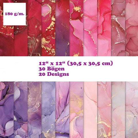 Premium Paper Pad 180 g/m2 - 12’’ x 12’’ - Ink Drops Rose Spezifikationen:  12’’ x 12’’ (30.5 cm x 30.5 cm) 180 g/m2 beidseitig bedruckt säure- und ligninfrei 20 Designs    Inhalt:  30 Bogen 20 Designs beidseitig bedruckt