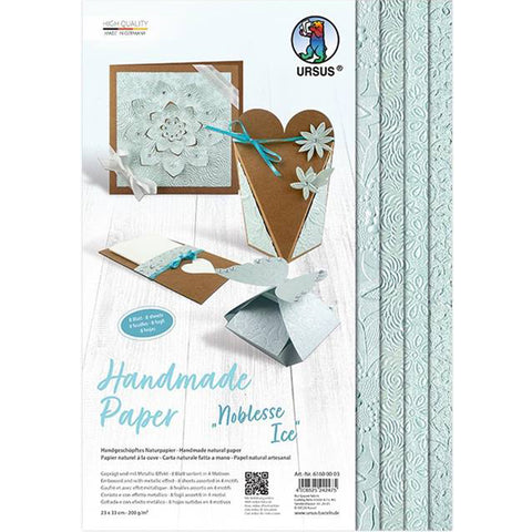 Crealive Strukturpapier handgeschöpft 200 g/m2 - 23 x 33 cm - Noblesse Ice  Inhalt:  8 Bogen 4 Designs    Spezifikationen:  23 x 33 cm 200 g/m2 durchgefärbt handgeschöpftes Naturpapier geprägtes Papier Metallic-Effekt   Dieses Strukturpapier ist geeignet für:  Karten Karten-Verzierungen Kuverts Geschenkboxen & Verpackungen Plotten Scrapbooking